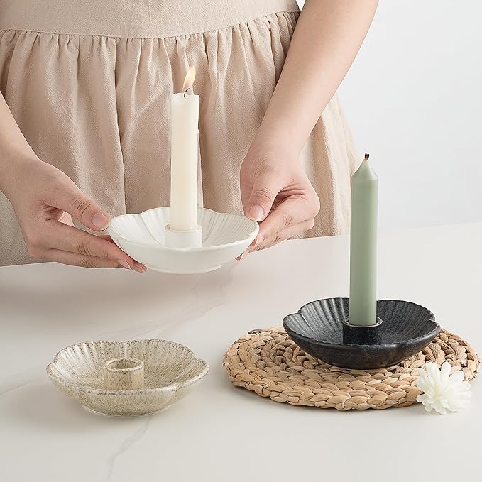 Ceramic Candlestick Holder， Candle Holder for Taper Candles,Incense, Santo Palo, Halloween Christmas Wedding Parties, Dining Room Home Decoration Display - White
