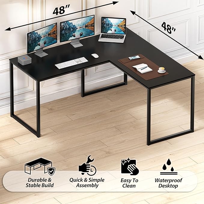 SHW Mission 48 x 48 Inches L-Shape Home Office Computer Desk, Black