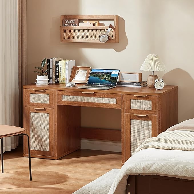 LEYAOYAO 56'' Rattan Farmhouse Executive Desk with Drawers, Wood Home Office Desk with File Cabinet and Metal Handles, Large Vintage Computer Desk for Home, Bedroom, Living Room （Brown）