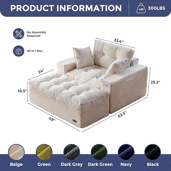 MAXYOYO Oversized Chaise Lounge Sofa, Upholstered Lounge Chair with 3 Pillows, Tufted Boneless Sofa Couch with Ottoman, Deep Seat Sofa Chair for Living Room, Bedroom, No Assembly, Beige