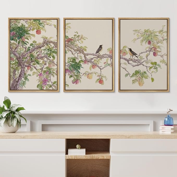 wall26 Framed Print Wall Art Set Watercolor Fruit Tree Branch with Birds Botanical Decorative Minimal Relax/Zen for Living Room, Bedroom, Office - 16"x24"x3 NATURAL