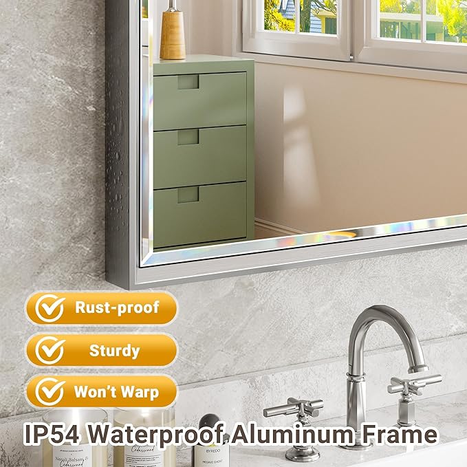 48 x 30 Beveled Bathroom Mirror, Shatterproof Rectangle Mirror, Metal Framed for Wall, Anti-Rust (Vertical/Horizontal)