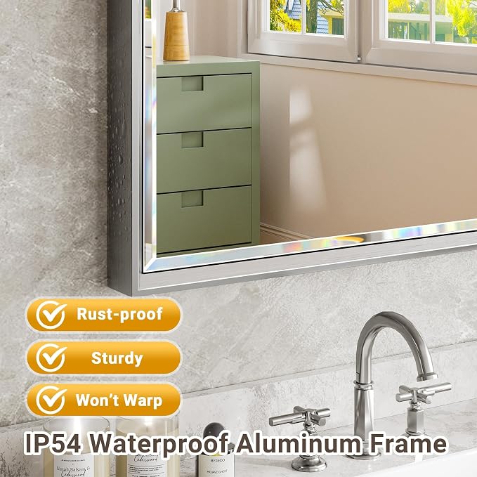 48x24 Beveled Silver Bathroom Vanity Mirror, Shatterproof Large Rectangle Metal Framed Mirror for Bathroom Wall, Anti-Rust Vertical/Horizontal Wall-Mounted Mirrors