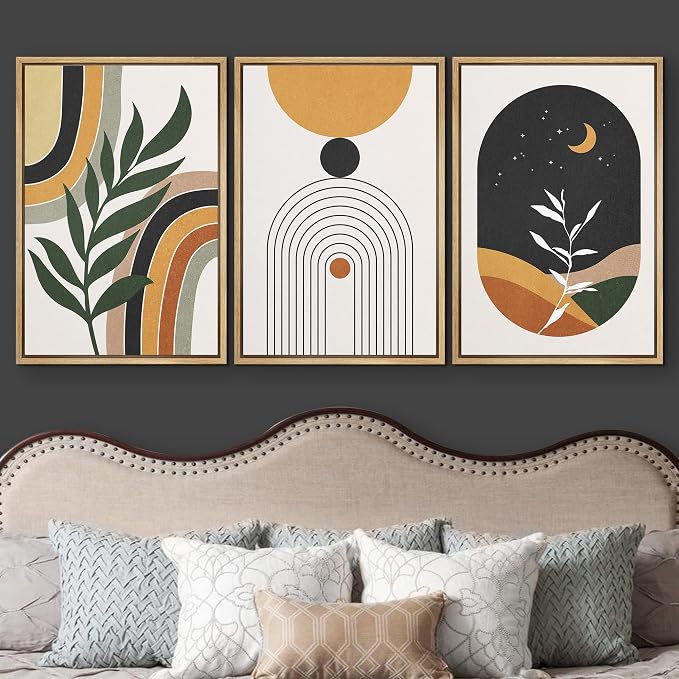 wall26 Framed Canvas Print Wall Art Set Boho Mid-Century Crescent Moon Plant Landscape Nature Abstract Illustrations Modern Art Bohemian Decorative for Living Room, Bedroom, Office - 24"x36"x3 Natural
