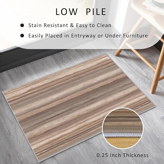 Natural Stripe Rustic Area Rug, Beige Brown Pattern Carpet, Washable Non Slip Low Pile Soft Thin, Living Room Bedroom Dining Room Home Decor Mat 5x6ft