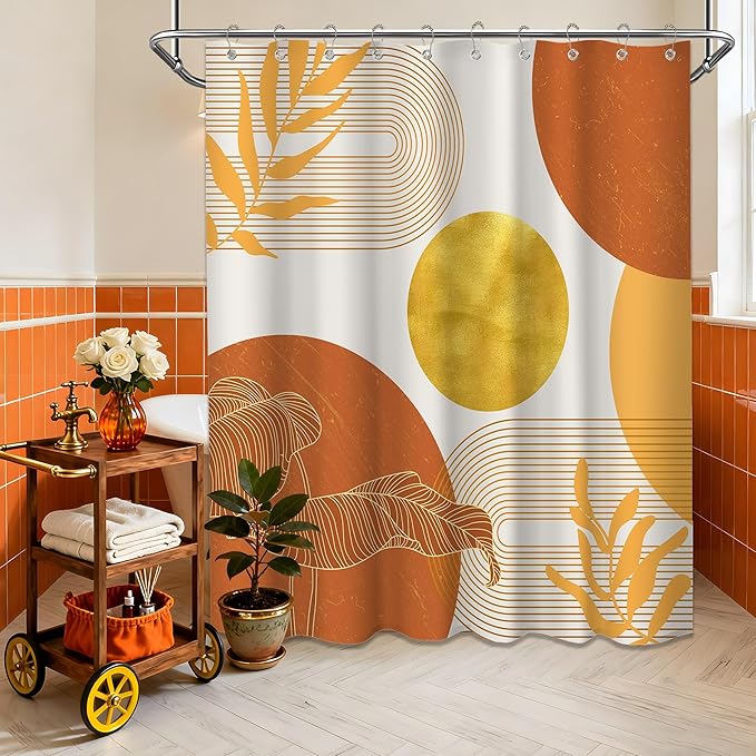 Orange and Gold Shower Curtain Burnt Orange White Shower Curtains for Bathroom Decor Boho Mid Century Bath Curtain Set, Waterproof Fabric with Hooks 60 x 72 Inch