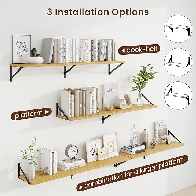 Axeman 48 Inch Floating Shelves | 10 Inch Deep Oak Wall Shelves Set of 2 | 48" W x 10" D Oak Floating Shelves for Living Room Bathroom Kitchen