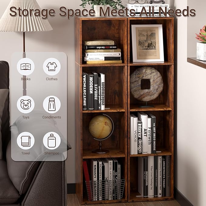 4 Cube Storage Organizer, 4 Tier Cube Low Bookcase Freestanding Storage Display Organizer, Four-Cubes Open Shelf Bookshelf for Home Office (Retro Brown, 4-Cube)