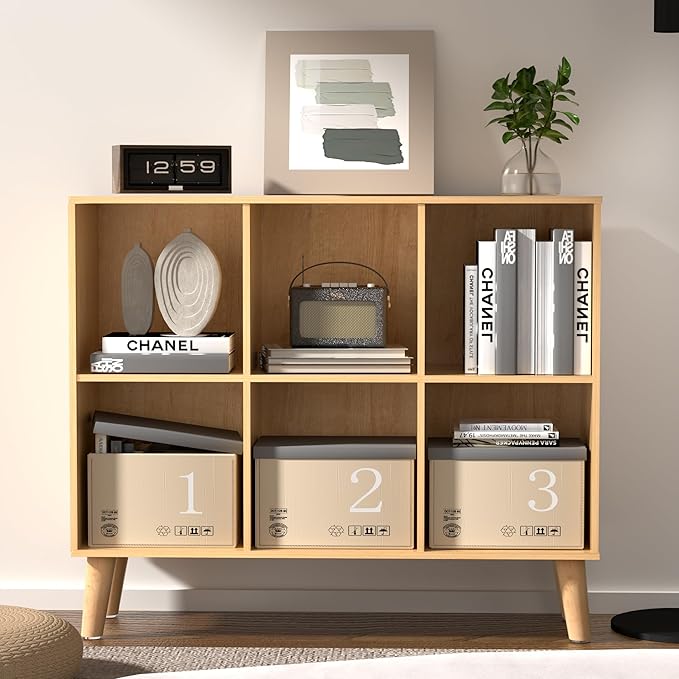6 Cube Storage Organizer with Legs, 2 Tier Cube Low Horizontal Bookcase Freestanding Storage Display Organizer for Home Office, Six-Cubes Unit Open Shelf Bookshelf (Natural Oak,6 Cube)