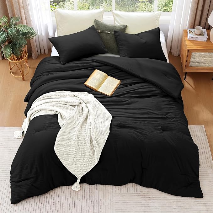 WRENSONGE Comforter Full Size, 3 Piece Black Soft Full Comforter Sets- Warm Bedding Set Full Suitable for All Seasons