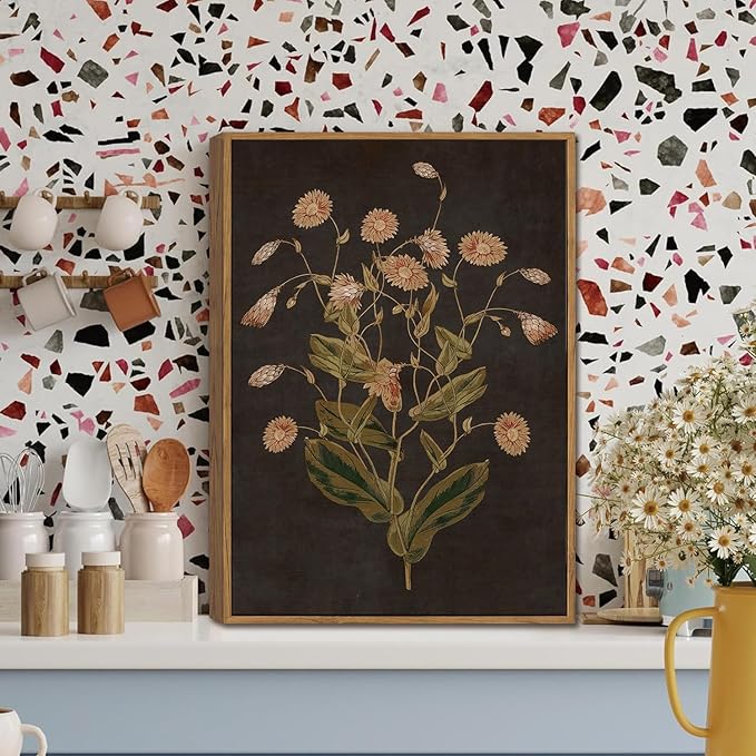 WALLZK Vintage Framed Wall Art Botanical Canvas Prints Painting Dark Moody Floral Wall Decor Retro Wildflower Pictures Artwork for Walls Living Room Bedroom Bathroom 8"x10"