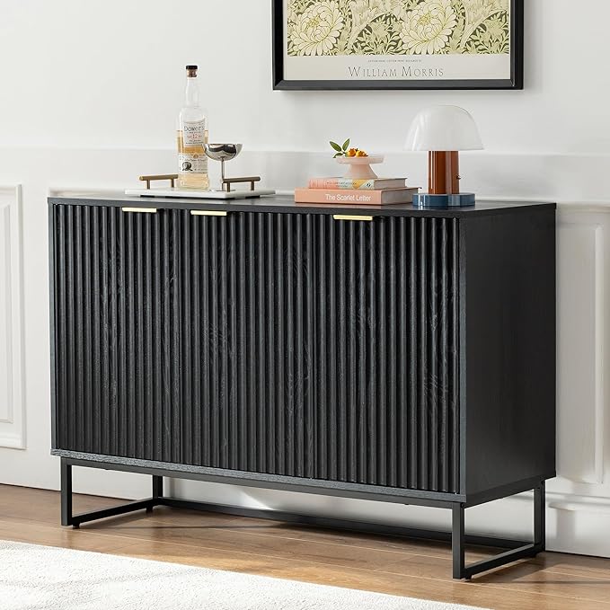 Fluted Storage Cabinet with 3 Doors, Sideboard Buffet Cabinets Adjustable Shelves, Credenza Console Table Cabinets for Living Room, Black
