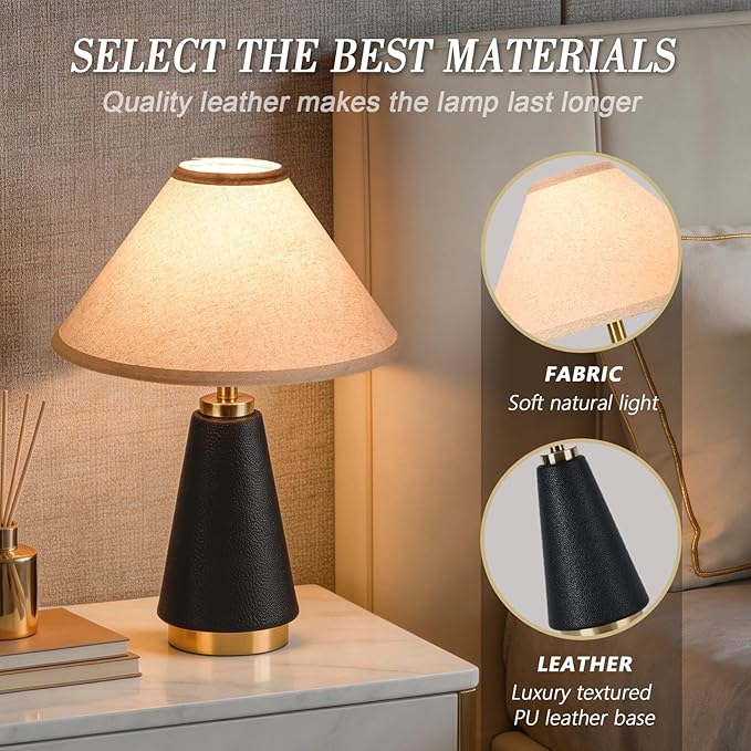 18.11 Inch Black Modern Table Lamp, Beige Fabric Shade with PU Leather Base, Home Decor Lamp for Kitchen Counter, Bedroom, Nightstand, Desk Lighting, Bookshelf, Living Room, Kids Dorm