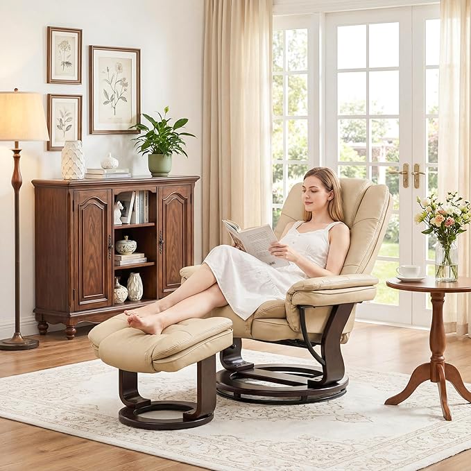 Argus Swivel Recliner with Ottoman, PU Leather & Wood Base Reclining Chair with Footrest, Ultra-Plush Double Foam for Living Room, Bedroom and Office, Set of 1