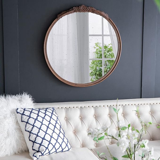 A&B Home Round Wood Mirror - 30" Circle Mirror with Hand Carved Antique Mirror Frame,Bathroom Living Room Bedroom Entryway Vanity Mirror, Dark Brown