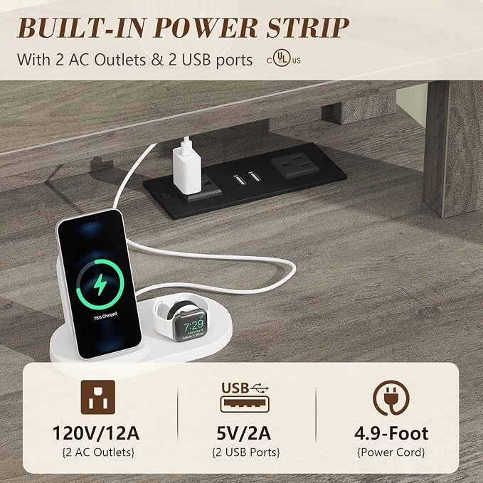 YOMILUVE Farmhouse Computer Desk with Drawers, 47" Small Computer Desk with Power Outlets, Home Office Desk with Monitor Stand & 4 Drawers, Writing Study Table, Grey