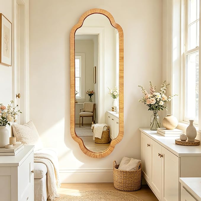 BAODANFU Full Length Rattan Mirror, Decorative Wall Mirrors of Hallway, Entryway, Long Scalloped 18 x 53 inch Dressing Mirror for Bedroom Vanity Walk-in Closet Living Dining Room