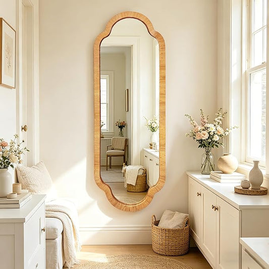 BAODANFU Full Length Rattan Mirror, Decorative Wall Mirrors of Hallway, Entryway, Long Scalloped 18 x 53 inch Dressing Mirror for Bedroom Vanity Walk-in Closet Living Dining Room