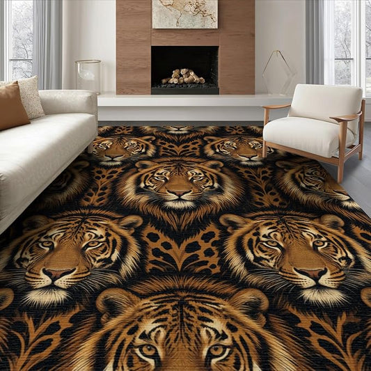 8'x10' Washable Flatwoven Rug, Orange Modern Tiger Print Stain Resistant Extra Large Carpet Non-Slip Chair-Friendly Mat for Dining Room, Large Office, Lounge | Ref:2229845