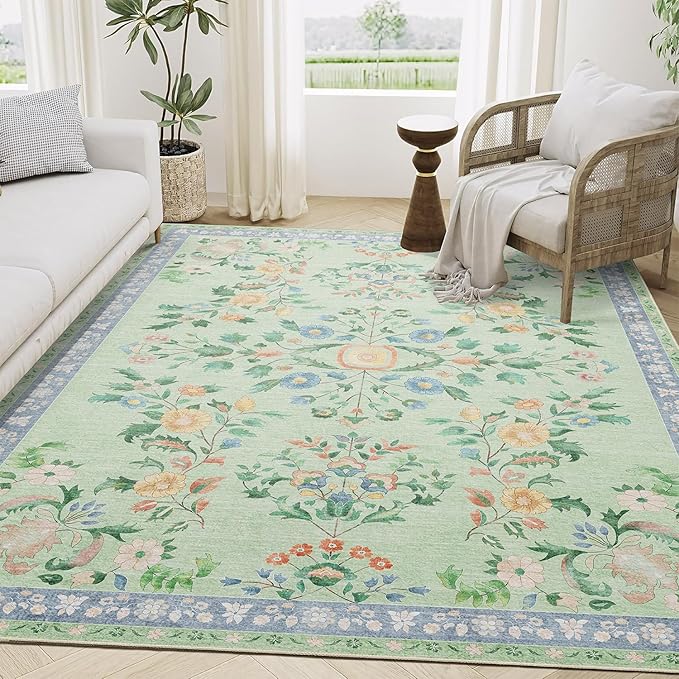 MUJOO 5x7 Area Rugs Washable,Green Floral Rugs for Living Room Bedroom Dining Room Playroom,Boho Indoor Floor Rug Large Non Slip Throw Carpet Low Pile Vintage