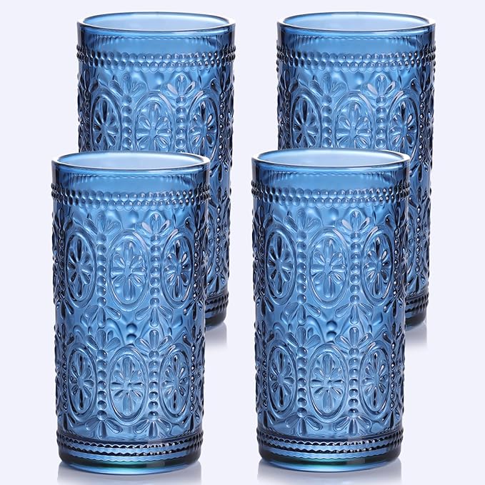 Blue Drinking Highball Beverage Glass Cup, Vintage Drinking Glasses, Colored Glassware Set for Party Wedding, Home, Office, Water, Juice, Cocktail, Highball Glasses Set of 4