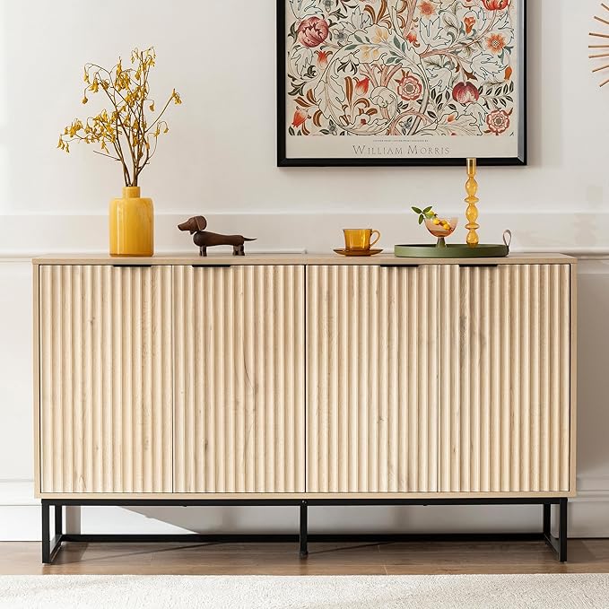 Fluted Storage Cabinet with 4 Doors, 55" Large Sideboard Buffet Cabinet with Adjustable Shelves Kitchen Wooden Credenza Coffee Bar Console Table for Dining Room Living Room, Light Oak