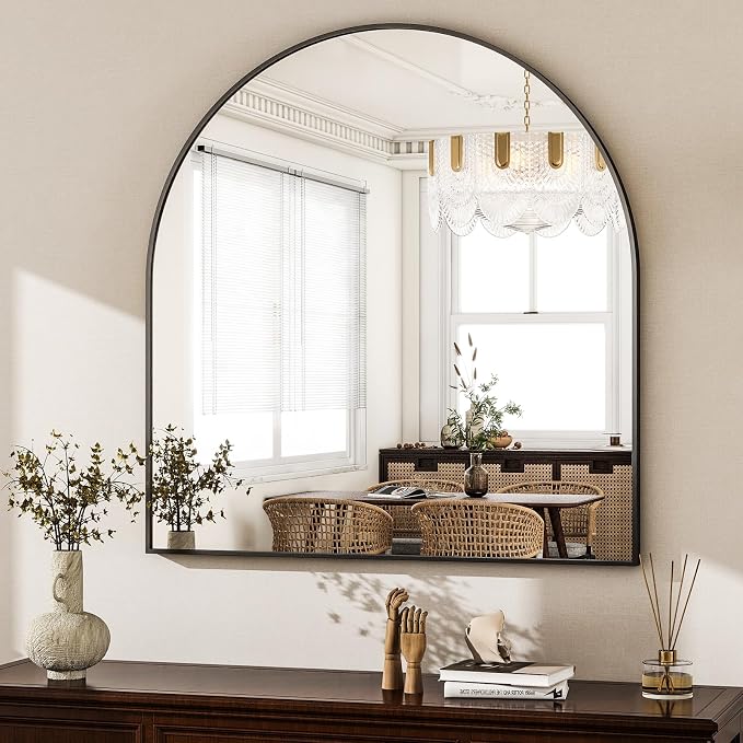 HARRITPURE 26"x28" Arched Bathroom Mirror, Wall Mounted Mirror, Black Arch Mirror, Aluminum Alloy Frame Wall Mirror for Living Room, Bedroom and Entryway