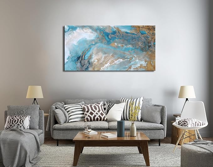 Blue Abstract Canvas Wall Art Paintings for Living Room Navy and Gold Fluid Marble Wall Modern Artwork Decor for Bedroom Bathroom Office Home 24x48 inch