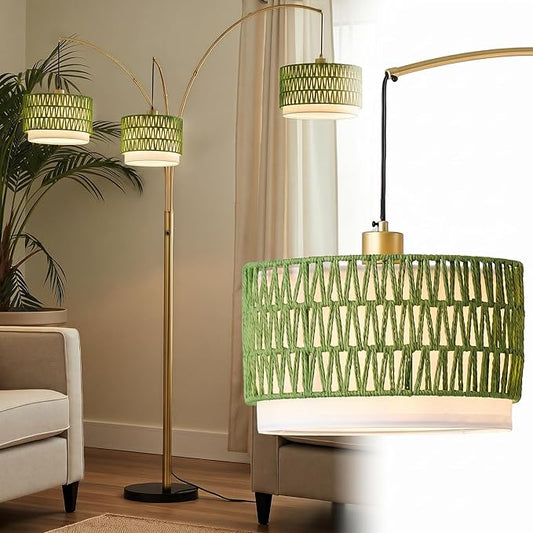 Arc Floor Lamp for Living Room, 80 Inch Gold Rattan Floor Lamp with Rotary Switch, 3 Lights Boho Tall Lamp with Green Wicker Shade for Coastal,Bohemian,Tree Farmhouse Standing Lamp