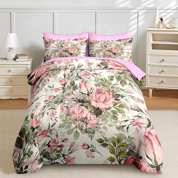 Nesker 7 Pcs Comforter Set King Size, Shabby Chic Vintage Summer Bedding Set for Kids and Adults, Rose Herbs Flower Bed Sheet Sets with Fitted Sheet 2 Pillowcases & 2 Shams