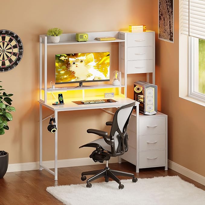 MUTUN 47 Inch Computer Gaming Desk with Hutch Power Outlet and LED Strip, Home Office Work Study Writing Desk with 6 Fabric Drawers and Storage for Bedroom, Escritorios para Computadoras, White