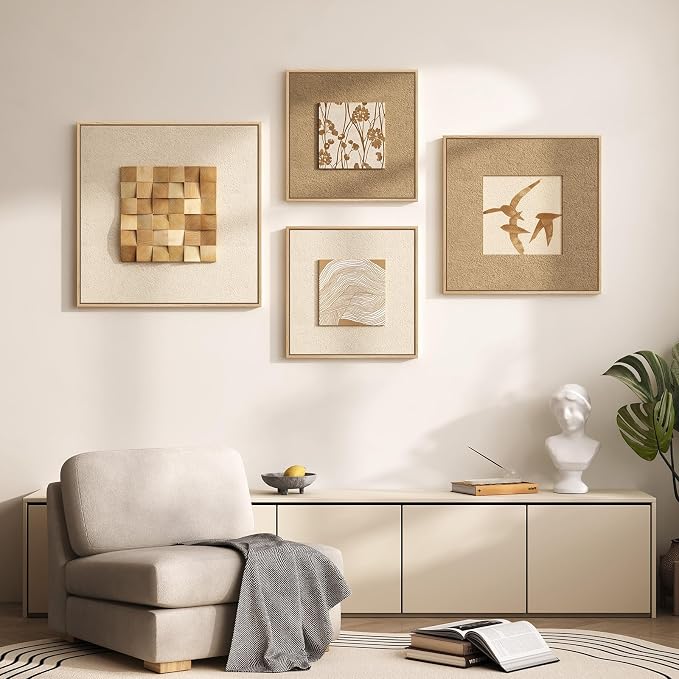 Large Framed 3D Neutral Wood Wall Art for Living Room, 4 Piece Textured Minimalist Abstract Paintings Artwork for Walls, Beige Brown Wooden Wall Decor for Hallway, Dining Room, Office