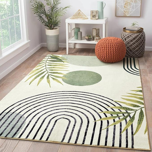 RoomTalks Mid Century Modern Washable Rug Stain Resistant, Boho Cute Aesthetic 8x10 Area Rugs for Bedroom Dining Living Room Office, Green Abstract Tropical Leaves Indoor Rug Plant Botanical Carpet