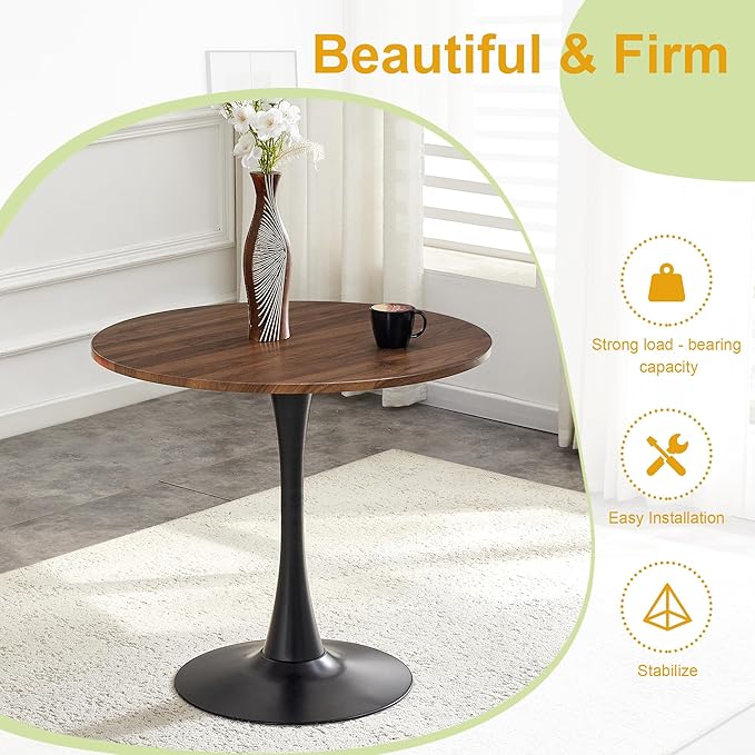 31.5 Inch Round Dining Table for 2-4 People with Walnut Tabletop,Mid-Century Walnut Tulip Kitchen Table, Pedestal Base Table for Small Space Kitchen Dining Room