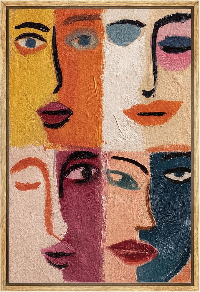 MUDECOR Framed Canvas Print Wall Art Abstract Color Block Faces Modern Portrait Illustrations Fine Art Mid-Century Modern Multicolor for Living Room, Bedroom, Office - 24"x36" NATURAL