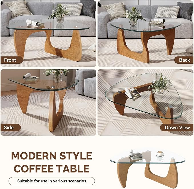 Modern Glass Coffee Table, Triangle Center Table with Tempered Glass Top& Unique Wooden Base, 31.5” Mid Century Tea Tables for Living Room, Apartment, Office,Wood &Transparent