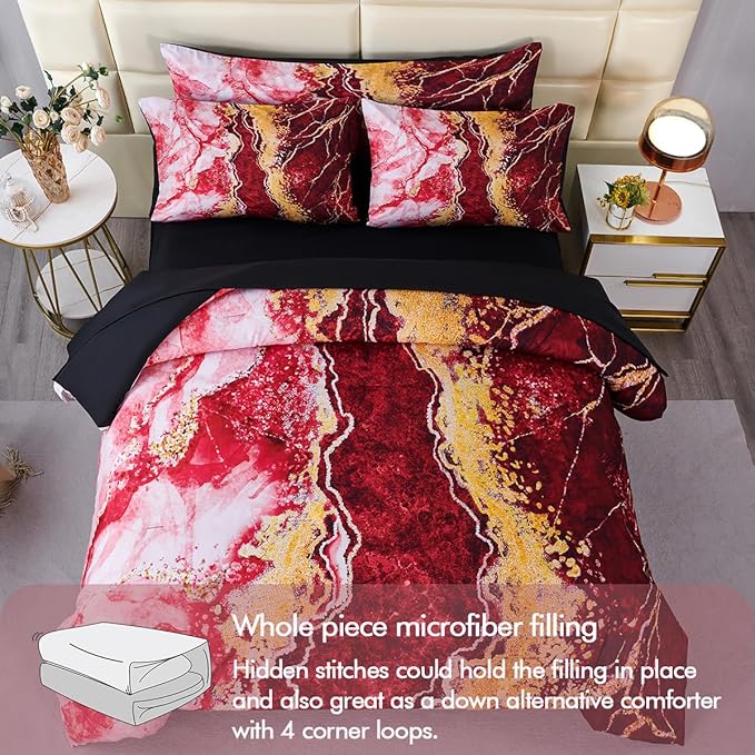 PERFEMET 6 Pieces Full Size Bed in A Bag Set Red and Gold Comforter Sets Abstract Watercolor Marble Bed Comforter with Sheets Artwork Retro Luxury Tie Dye Bedding Set(Red, Full)