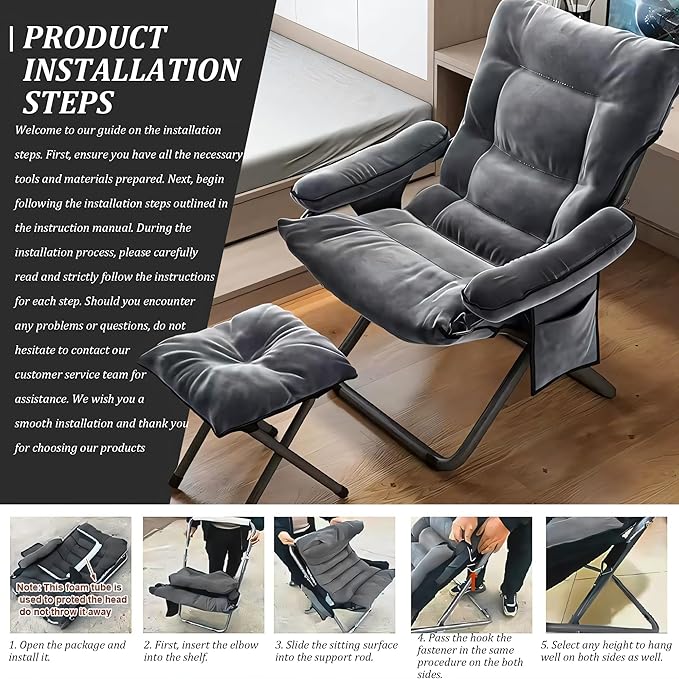 Lazy Chair with Ottoman, Adjustable Lazy Chaise Lounge with Side Pocket Folding Lounge Reclining Sofa Chair with Armrest for Bedroom Living Room Balcony, Grey