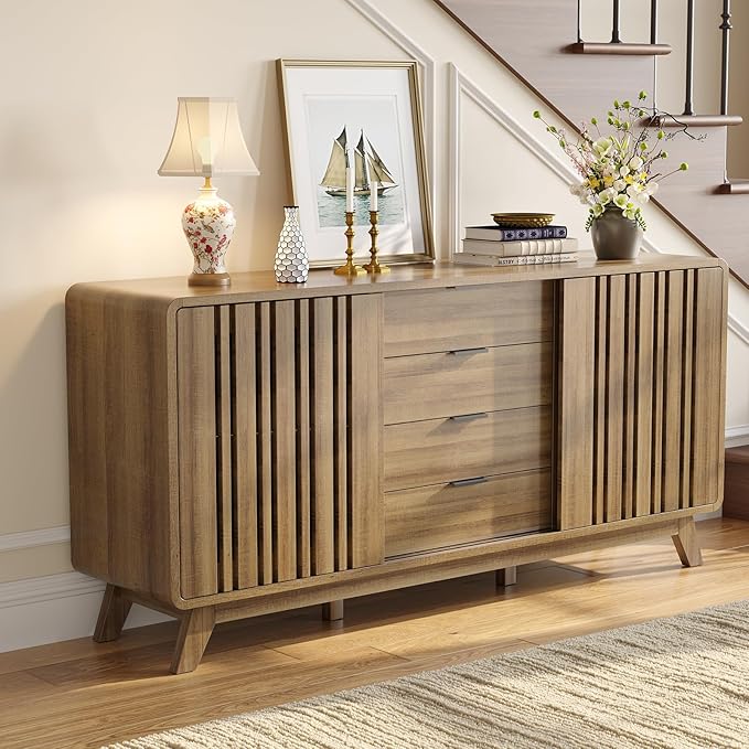 ONBRILL Sideboard Buffet Cabinet with Storage, Fluted Buffet Cabinet with Sliding Doors & 4 Drawers, Mid Century Modern Coffee Bar Wine Bar Credenza for Living Room, Kitchen (Natural Oak)