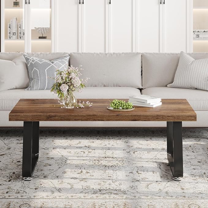 HSH Wooden Coffee Table, Industrial Rectangle Center Table, Modern Minimalist Coffee Table for Living Room, Farmhouse Wood and Metal Cocktail Tea Table for Bedroom Home Office, Rustic Brown, 47 in