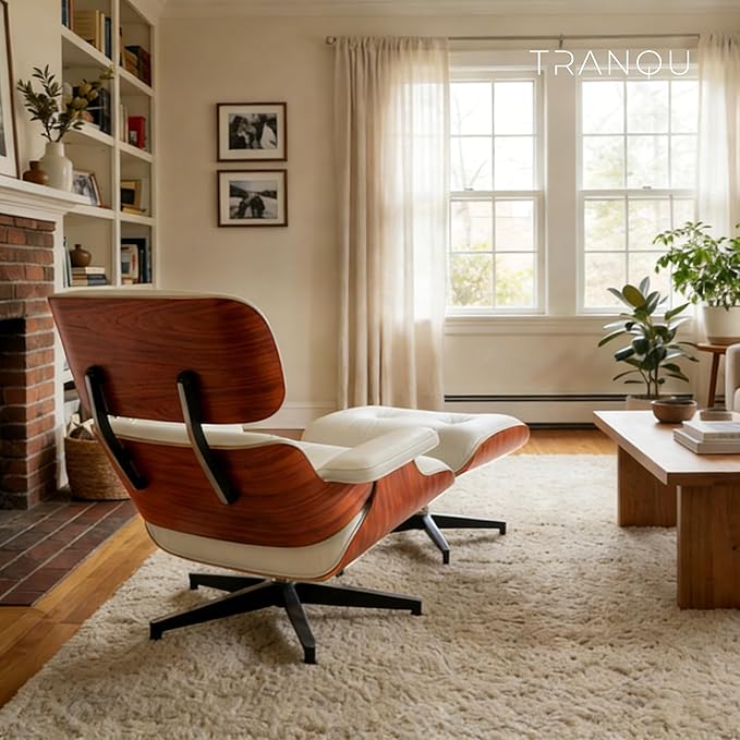 Mid-Century Genuine Top Grain Leather Chaise Lounge Chair & Ottoman, Rosewood Base, Modern Classic Design for Living Room & Office