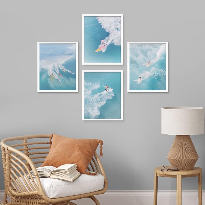 SIGNWIN Framed Ocean Nautical Landscape Wall Art, Set of 4 Surfing Surfboard Aerial View Wall Decor Prints, Nature Wilderness Wall Décor for Living Room, Bedroom - 12"x16" White