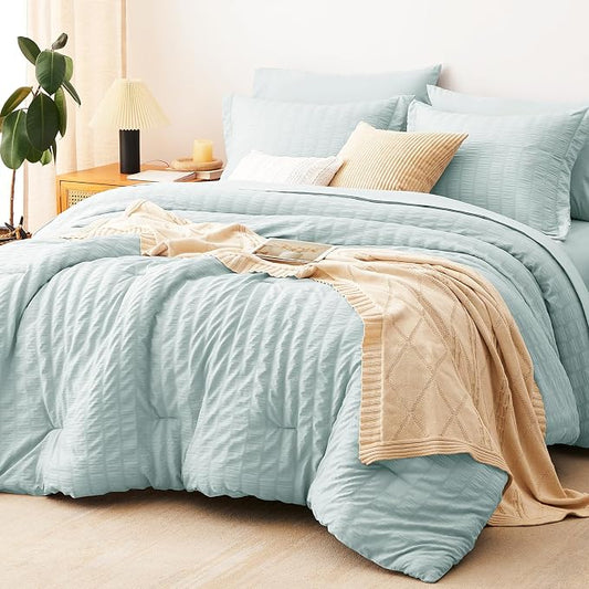 CozyLux Full Size Comforter Sets Ice Blue, 7 Pieces Seersucker Textured Luxury Bed in a Bag, All Seasons Soft Bedding Sets with Down Alternative Comforter, Sheets, Pillowcases & Shams, Home Gift