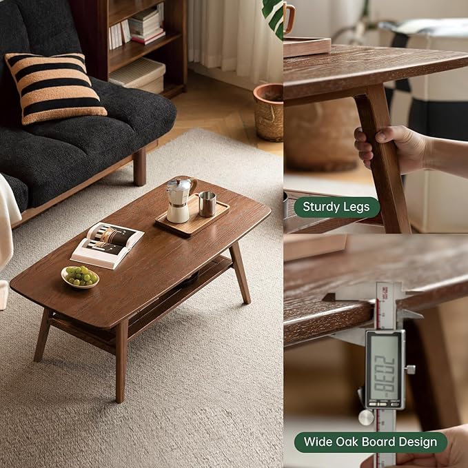 100% Solid Oak Wood Coffee Table for Living Room, 2-Tier Living Room Table with Storage Shelf, Mid Century Modern Coffee Tables (Walnut Colour, 39.37" W x19.68 D x 17.32" H)