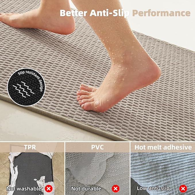 Bathroom Rugs Non Slip Washable, Super Absorbent Thin Bath Mat Quick Dry Low Pile Bathroom Rug, Beige 20"x48"