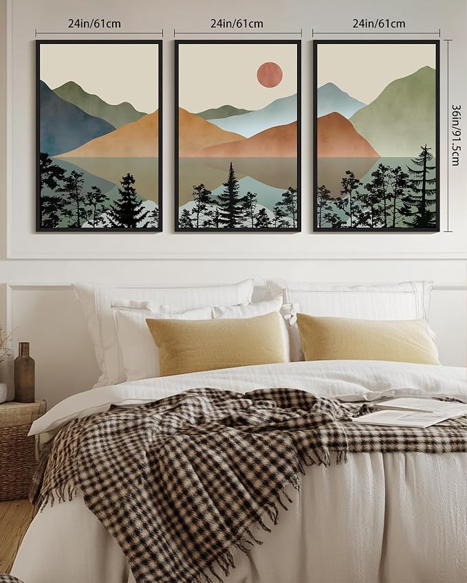 KUVIOKE Watercolor Mountain Framed Wall Art Nature Laker Landscape Painting Sun Rises Boho Farmhouse Rustic Room Decor 24x36in (Black Framed)