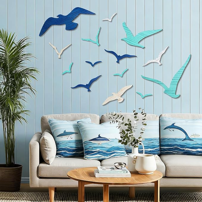 Meching 14Pcs Wooden Seagull Wall Decor, Nautical Coastal Theme Beach Wall Art, Self-Adhesive Sea Birds Ocean Sculpture Vintage Ornaments for Home Living Room Kitchen Bathroom Bedroom Office