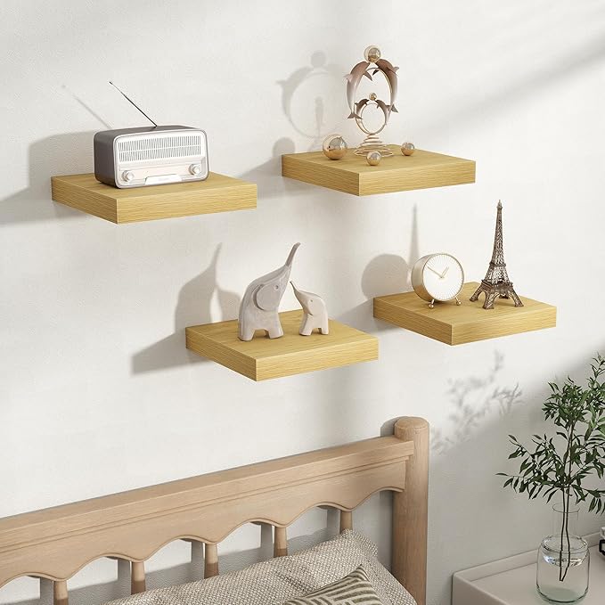 Fun Memories Rustic Wood Floating Shelves for Wall, Space-Saving Wall Mounted Shelves for Bathroom, Bedroom, Living Room and Kitchen, Stylish Storage & Display (Set of 4, Oak, 9.3 in)