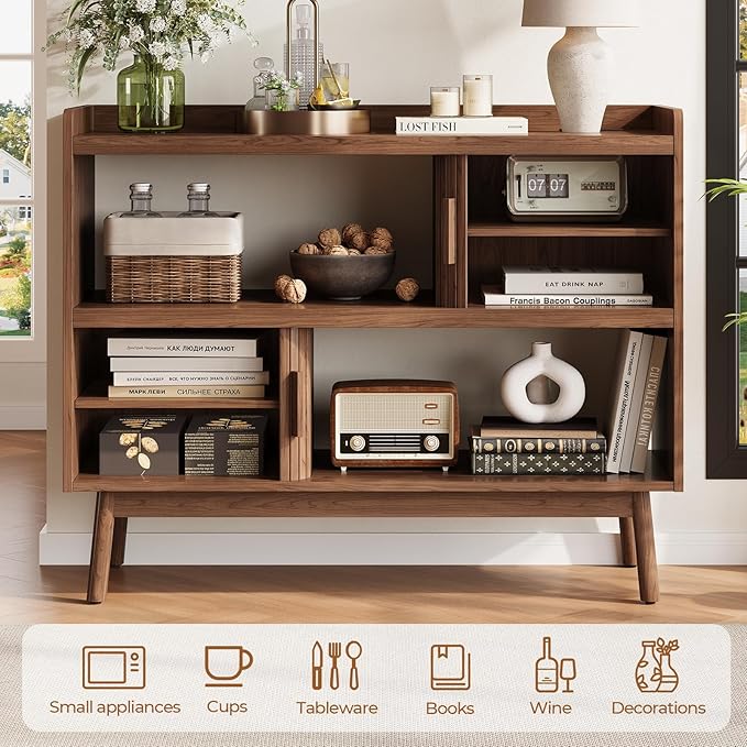 Mid-Century Modern Buffet Sideboard Cabinet with Outlet, 44" Sideboard Buffet Cabinet with Sliding Door & Adjustable Shelves, Fluted Accent Coffee Bar Console Table with Wooden Feet, Walnut