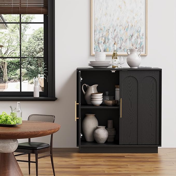 Sideboard Buffet Cabinet with Storage Set of 3, Mid Century Modern Accent Cabinet with Arched Doors, Modular Media Console, Credenza for Living Room Kitchen Dining Room Entryway, Black